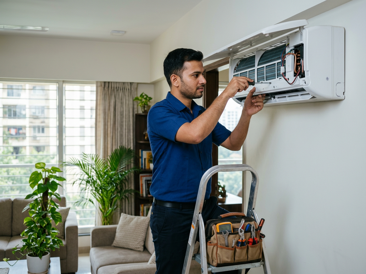 AC repair technician inspecting an open wall-mounted Split AC in a Thane home